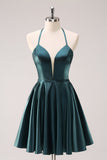 A-Line Peacock Green Halter Short Homecoming Dress with Lace Up Back