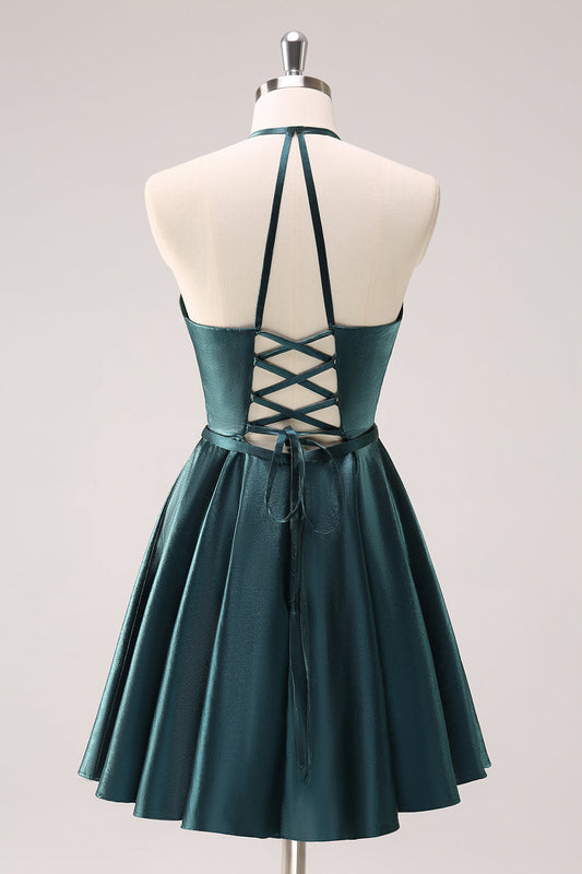 A-Line Peacock Green Halter Short Homecoming Dress with Lace Up Back