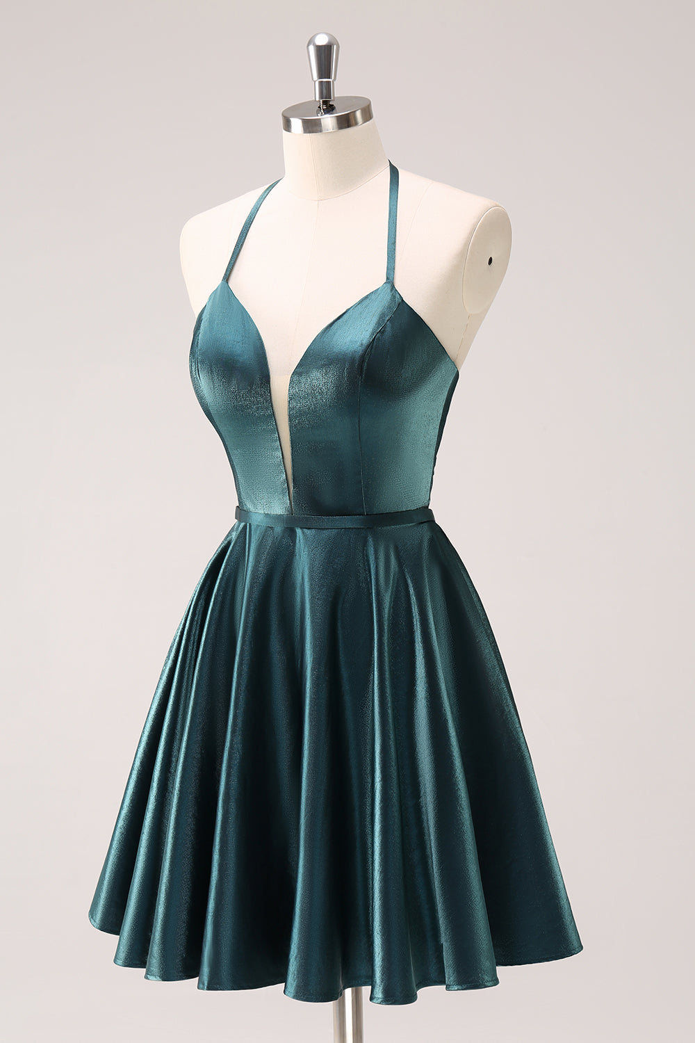 A-Line Peacock Green Halter Short Homecoming Dress with Lace Up Back