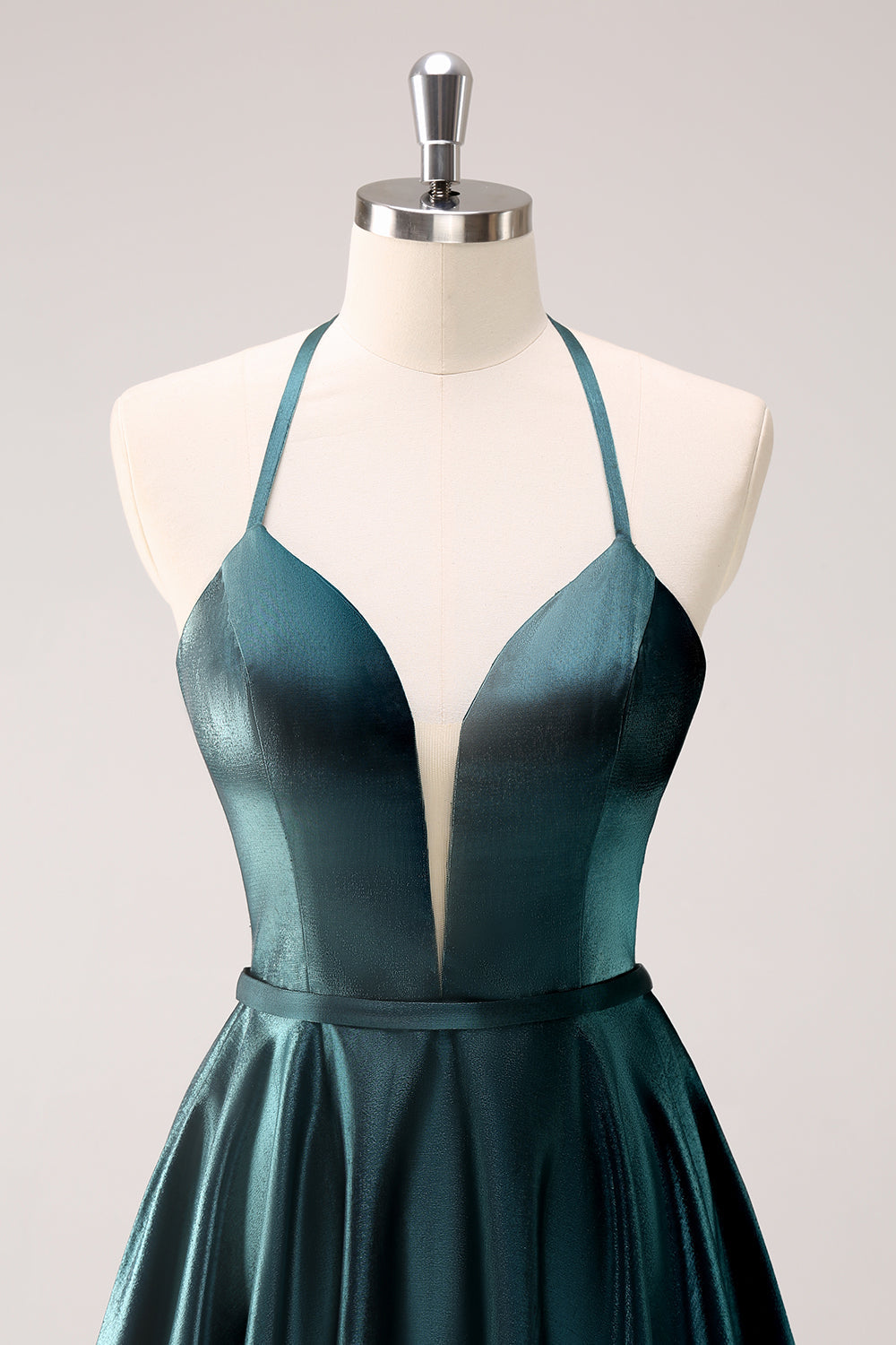 A-Line Peacock Green Halter Short Homecoming Dress with Lace Up Back