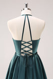 A-Line Peacock Green Halter Short Homecoming Dress with Lace Up Back