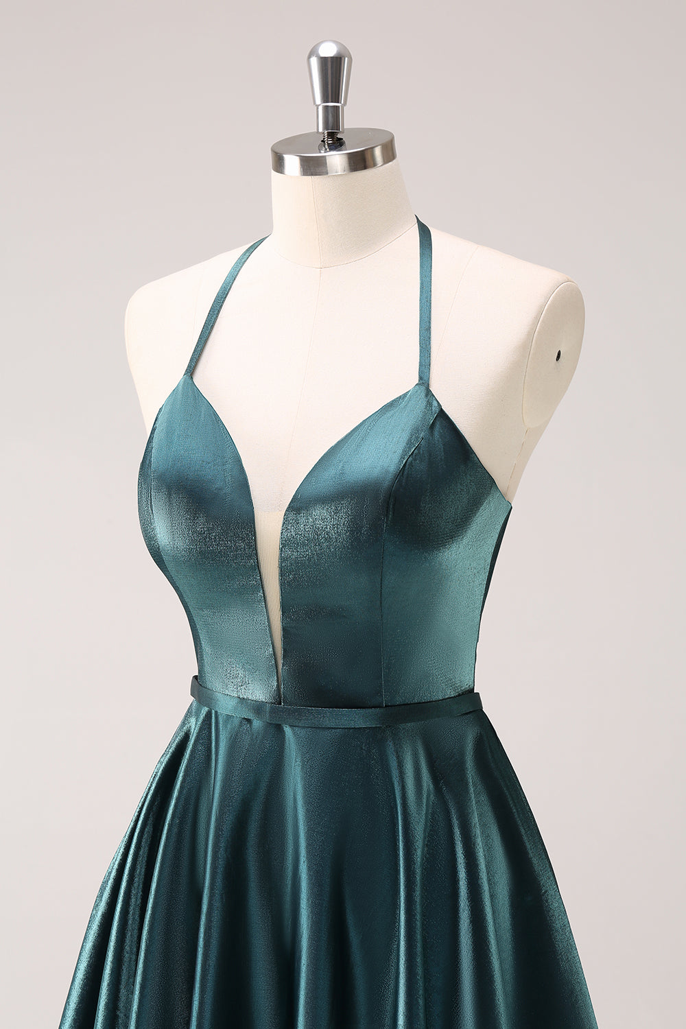 A-Line Peacock Green Halter Short Homecoming Dress with Lace Up Back