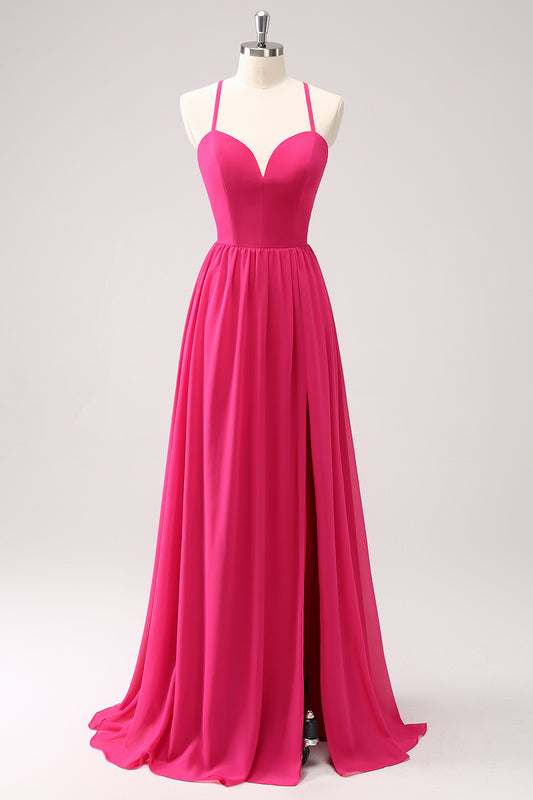 Long Fuchsia Lace-Up Back Bridesmaid Dress with Slit