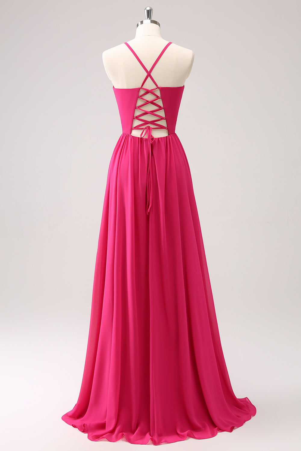 Long Fuchsia Lace-Up Back Bridesmaid Dress with Slit