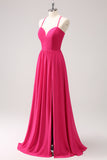 Long Fuchsia Lace-Up Back Bridesmaid Dress with Slit