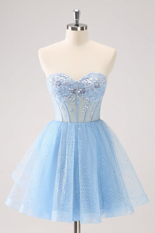 Sky Blue A Line Sweetheat Corset Tulle Homecoming Dress with Sequins