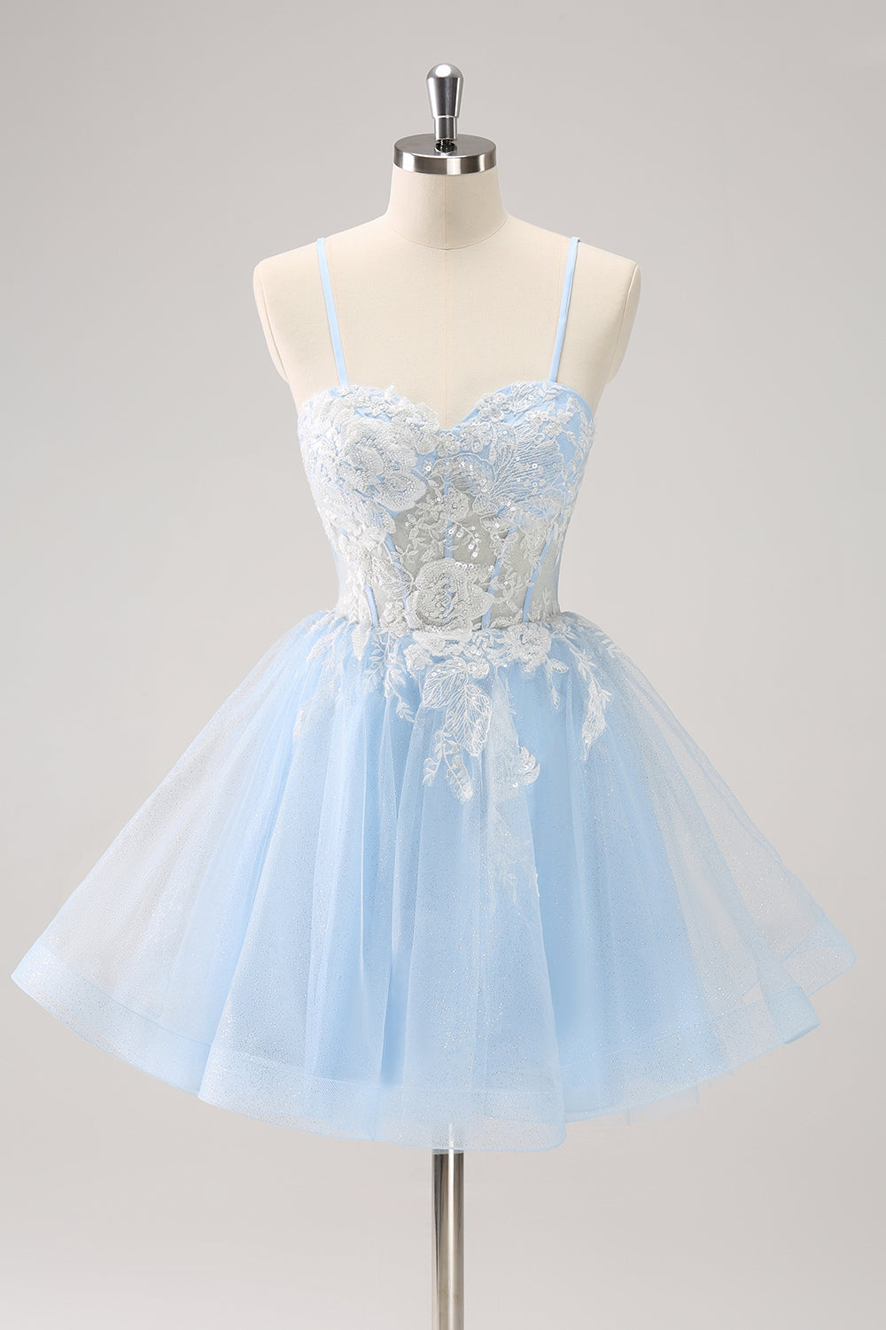 Blue Spaghetti Straps A Line Short Homecoming Dress with Lace