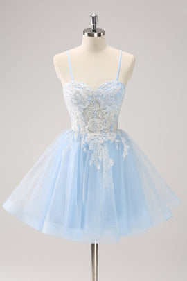 Blue Spaghetti Straps A Line Short Homecoming Dress with Lace