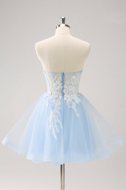 Blue Spaghetti Straps A Line Short Homecoming Dress with Lace