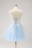 Blue Spaghetti Straps A Line Short Homecoming Dress with Lace