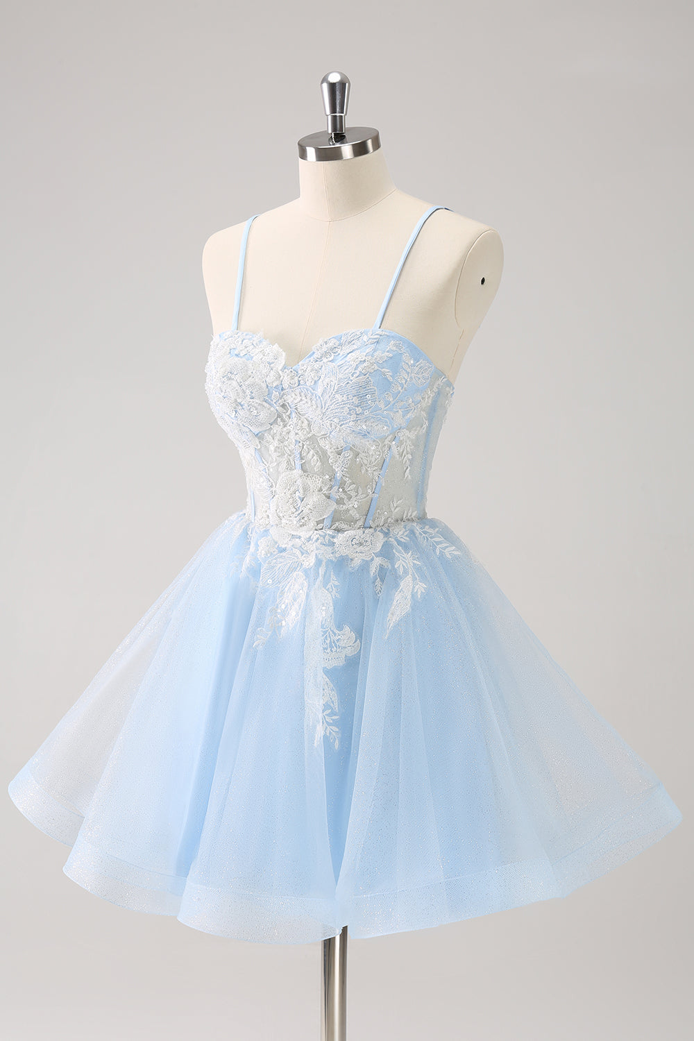 Blue Spaghetti Straps A Line Short Homecoming Dress with Lace