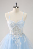 Blue Spaghetti Straps A Line Short Homecoming Dress with Lace