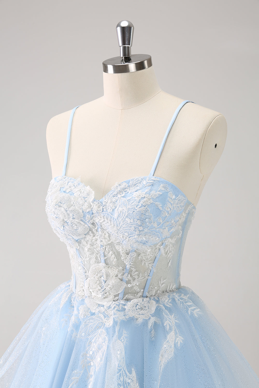 Blue Spaghetti Straps A Line Short Homecoming Dress with Lace