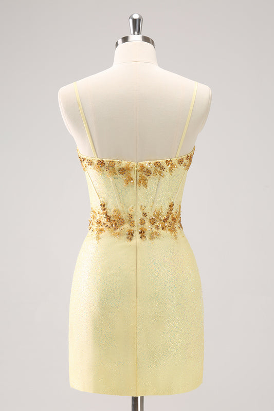 Sparkly Yellow Spaghetti Straps Corset Tight Short Homecoming Dress