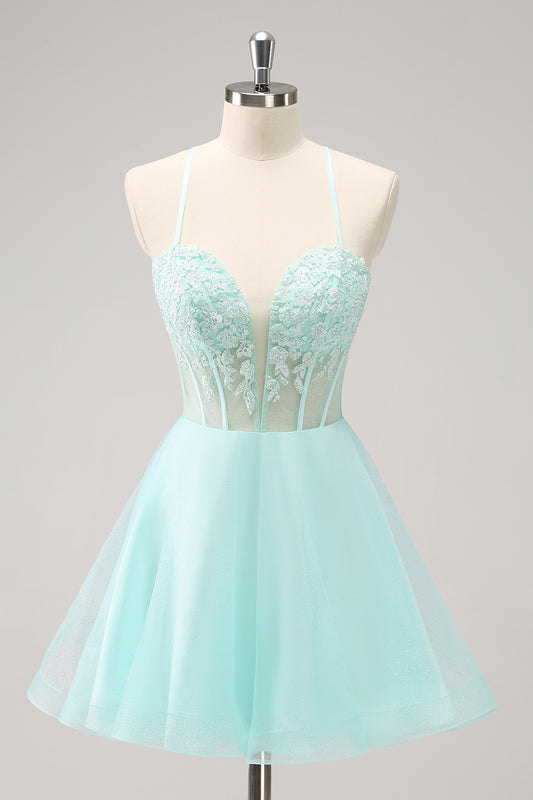 Green Spaghetti Straps Corset A Line Short Homecoming Dress With Lace