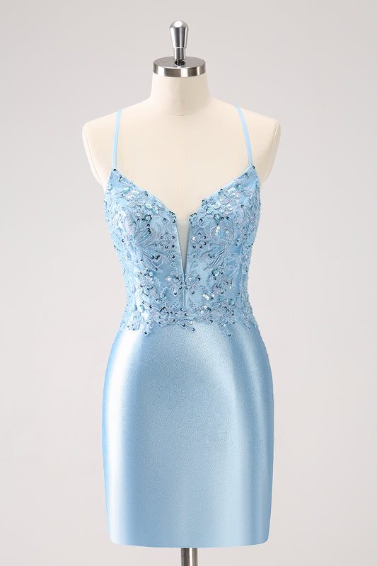 Sparkly Blue Sequined Tight Short Homecoming Dress With Lace