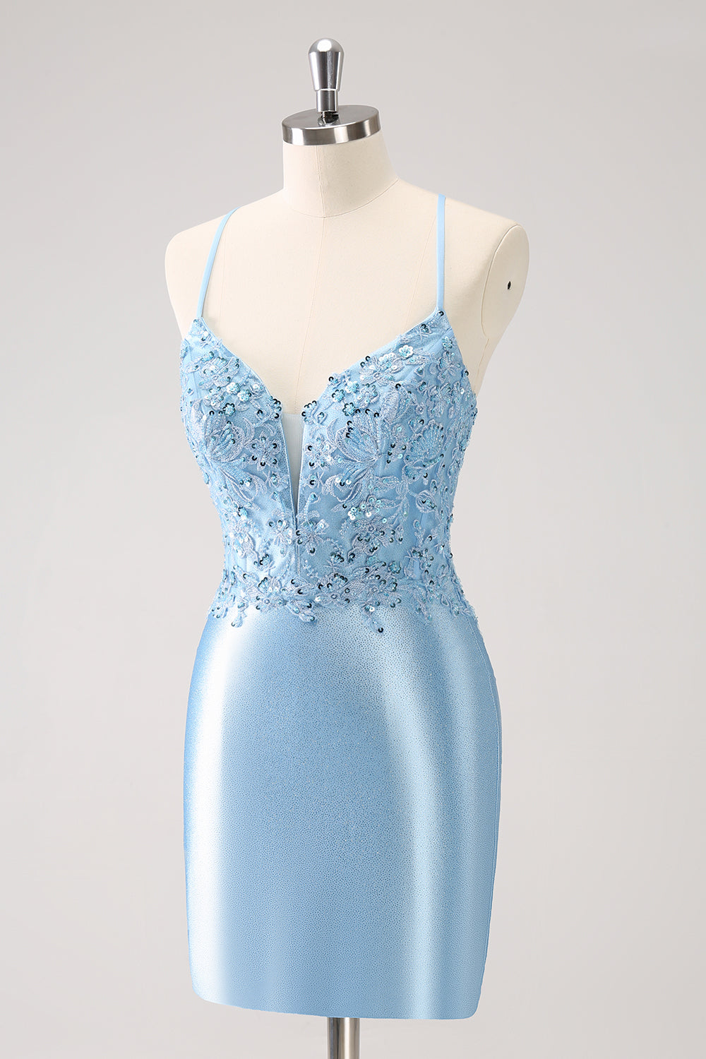 Sparkly Blue Sequined Tight Short Homecoming Dress With Lace