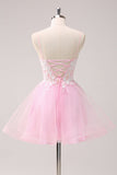 Pink A Line Spaghetti Straps Tulle Corset Homecoming Dress with Appliques