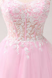 Pink A Line Spaghetti Straps Tulle Corset Homecoming Dress with Appliques