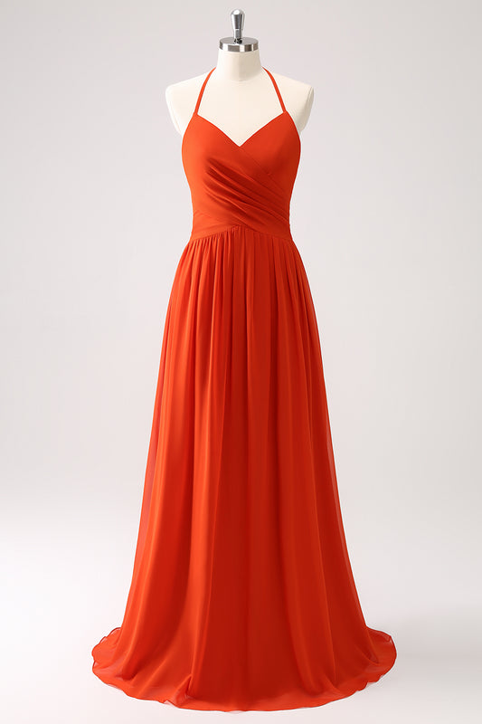 Orange Halter Chiffon Long Bridesmaid Dress