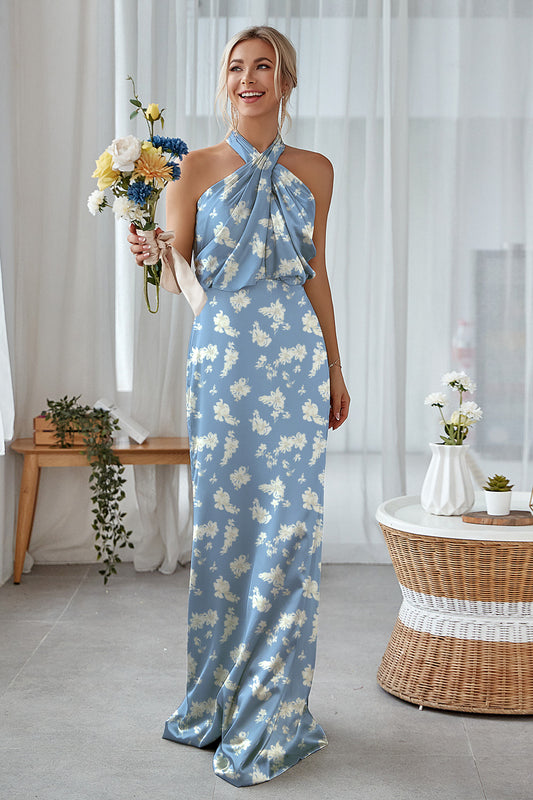 Blue White Flower Sheath Halter Long Bridesmaid Dress