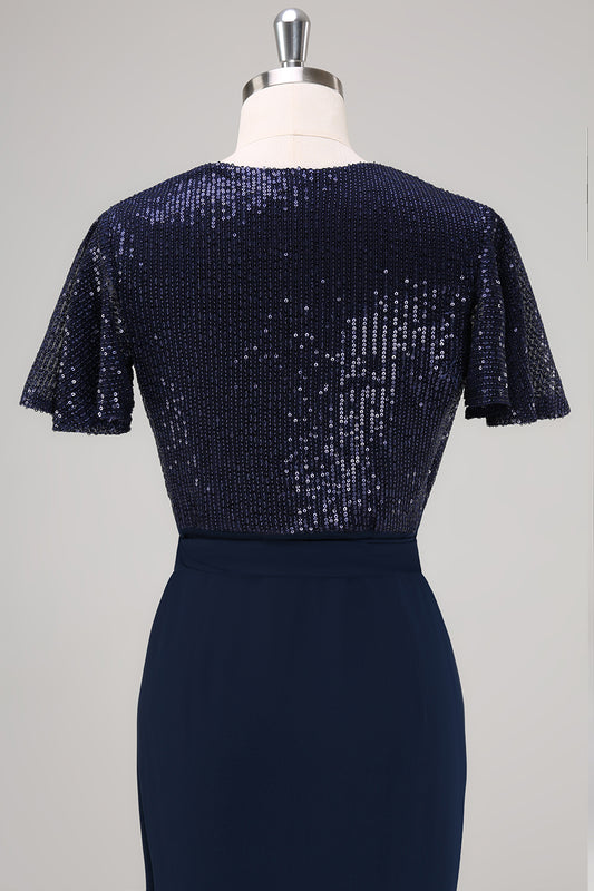 Sparkly V-Neck Navy Ruched Mother Dress with Short Sleeves