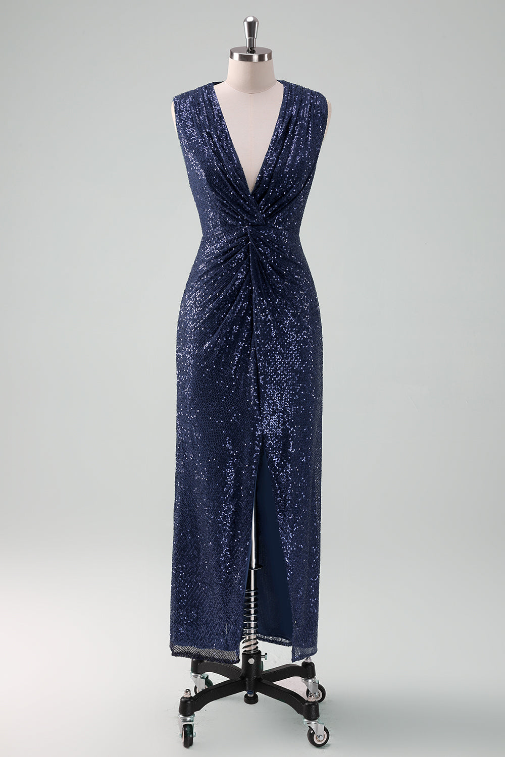 Sparkly Navy V-Neck Mother Of The Bride Dress with Slit