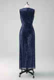 Sparkly Navy V-Neck Mother Of The Bride Dress with Slit