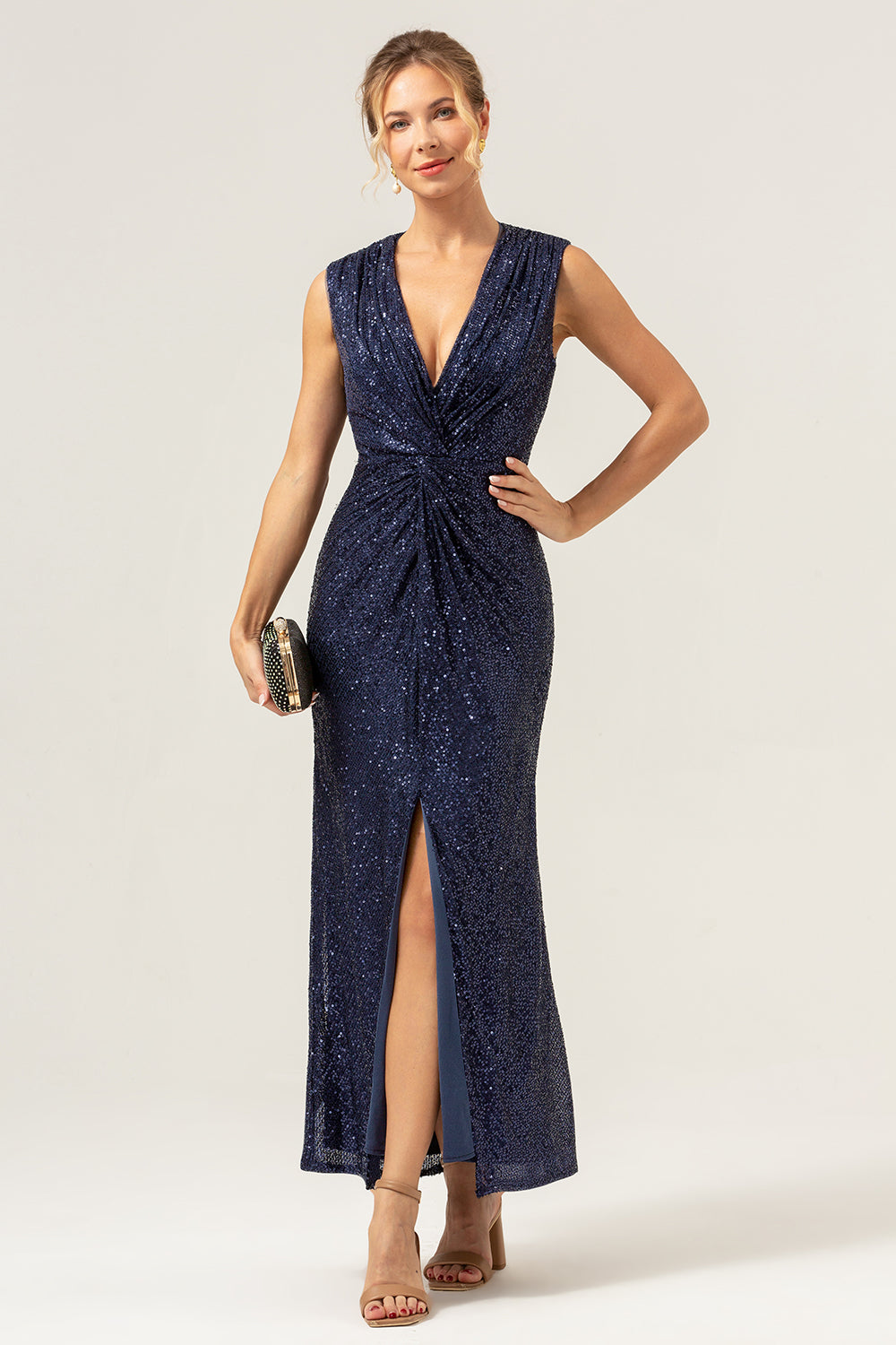 Sparkly Navy V-Neck Mother Of The Bride Dress with Slit