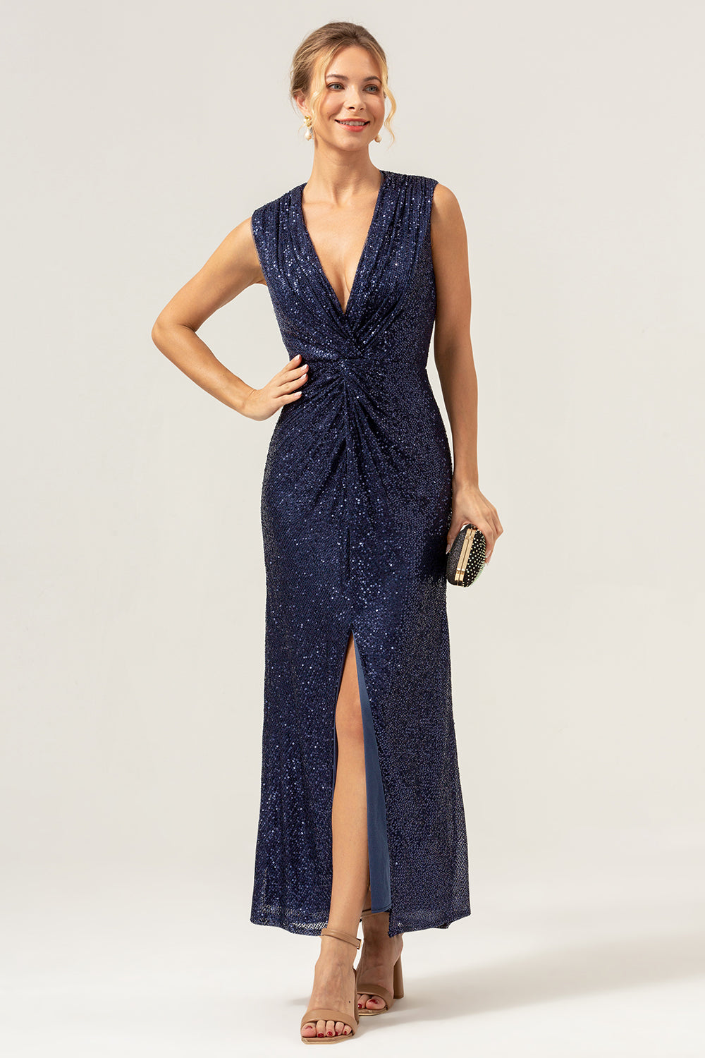 Sparkly Navy V-Neck Mother Of The Bride Dress with Slit