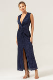 Sparkly Navy V-Neck Mother Of The Bride Dress with Slit