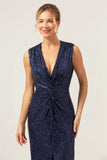 Sparkly Navy V-Neck Mother Of The Bride Dress with Slit