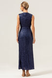 Sparkly Navy V-Neck Mother Of The Bride Dress with Slit