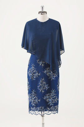 Navy Floral Sequined Mother Dress with Cape