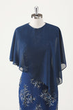 Navy Floral Sequined Mother Dress with Cape