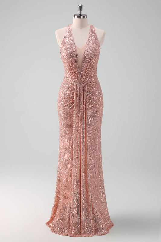 Sparkly Blush Halter Mermaid Long Prom Dress