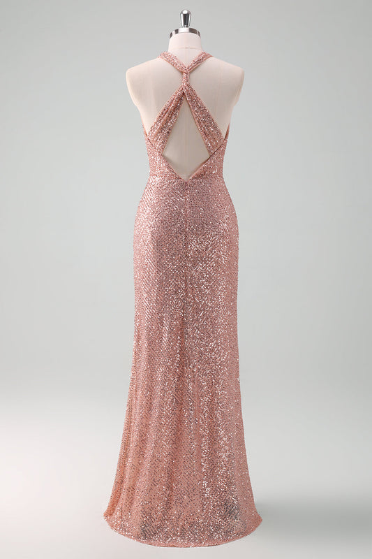 Sparkly Blush Halter Mermaid Long Prom Dress