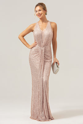 Sparkly Champagne V-Neck Wedding Guest Dress