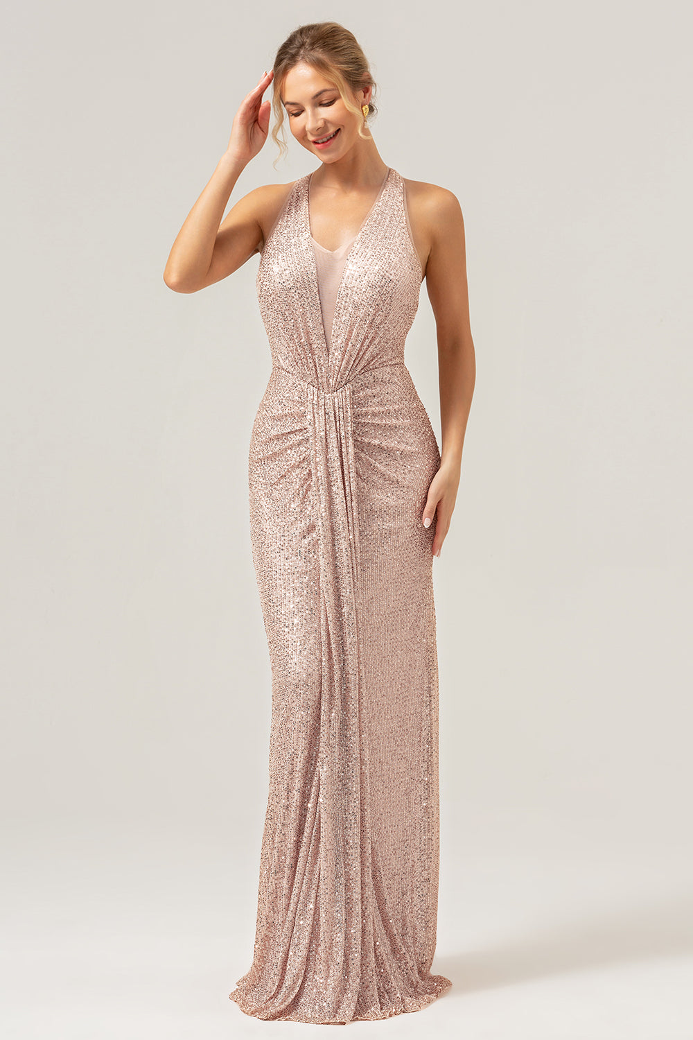 Sparkly Champagne V-Neck Wedding Guest Dress