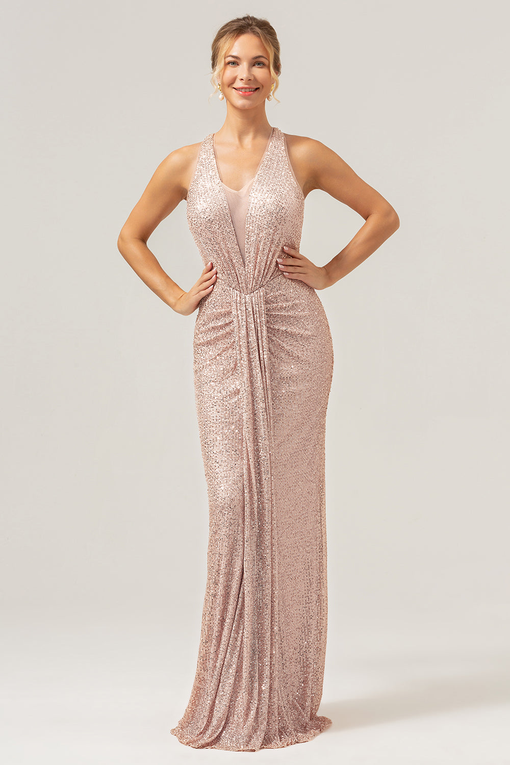 Sparkly Champagne V-Neck Wedding Guest Dress