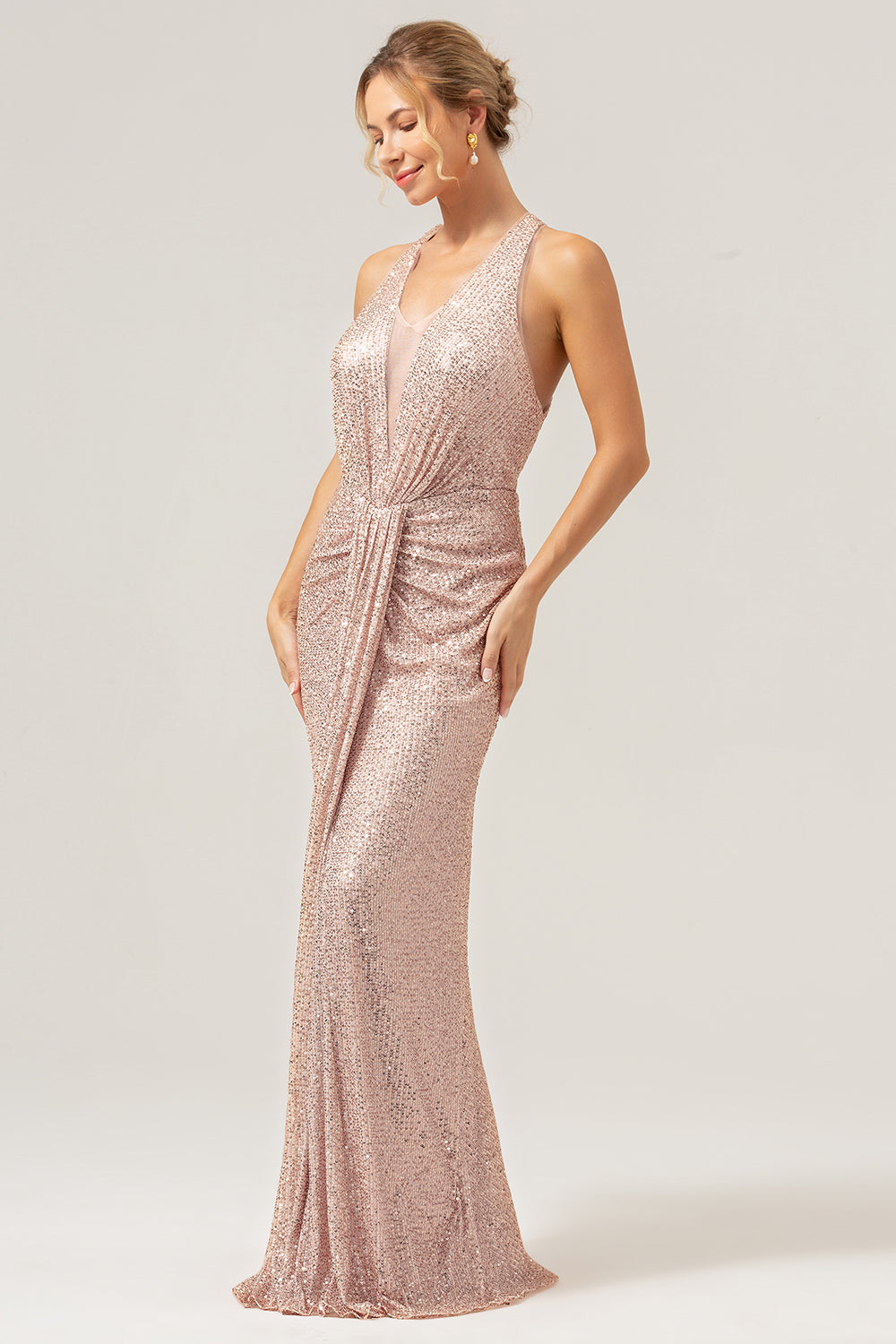 Sparkly Champagne V-Neck Wedding Guest Dress