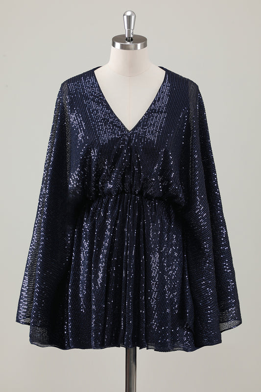 Sparkly Navy V-Neck Short Holiday Party Dress with Long Sleeves