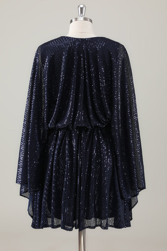 Sparkly Navy V-Neck Short Holiday Party Dress with Long Sleeves