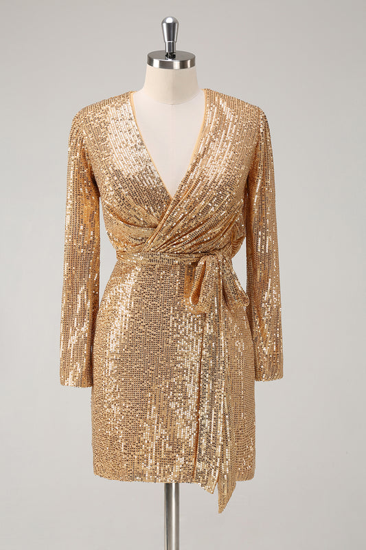 Sparkly Golden V-Neck Short Holiday Party Dress with Long Sleeves