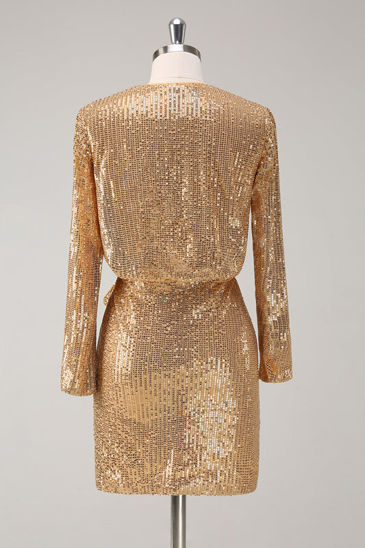 Sparkly Golden V-Neck Short Holiday Party Dress with Long Sleeves