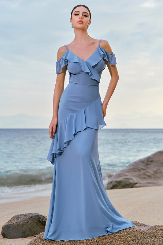 Grey Blue Cold Shoulder Long Bridesmaid Dress with Ruffles