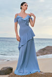 Grey Blue Cold Shoulder Long Bridesmaid Dress with Ruffles