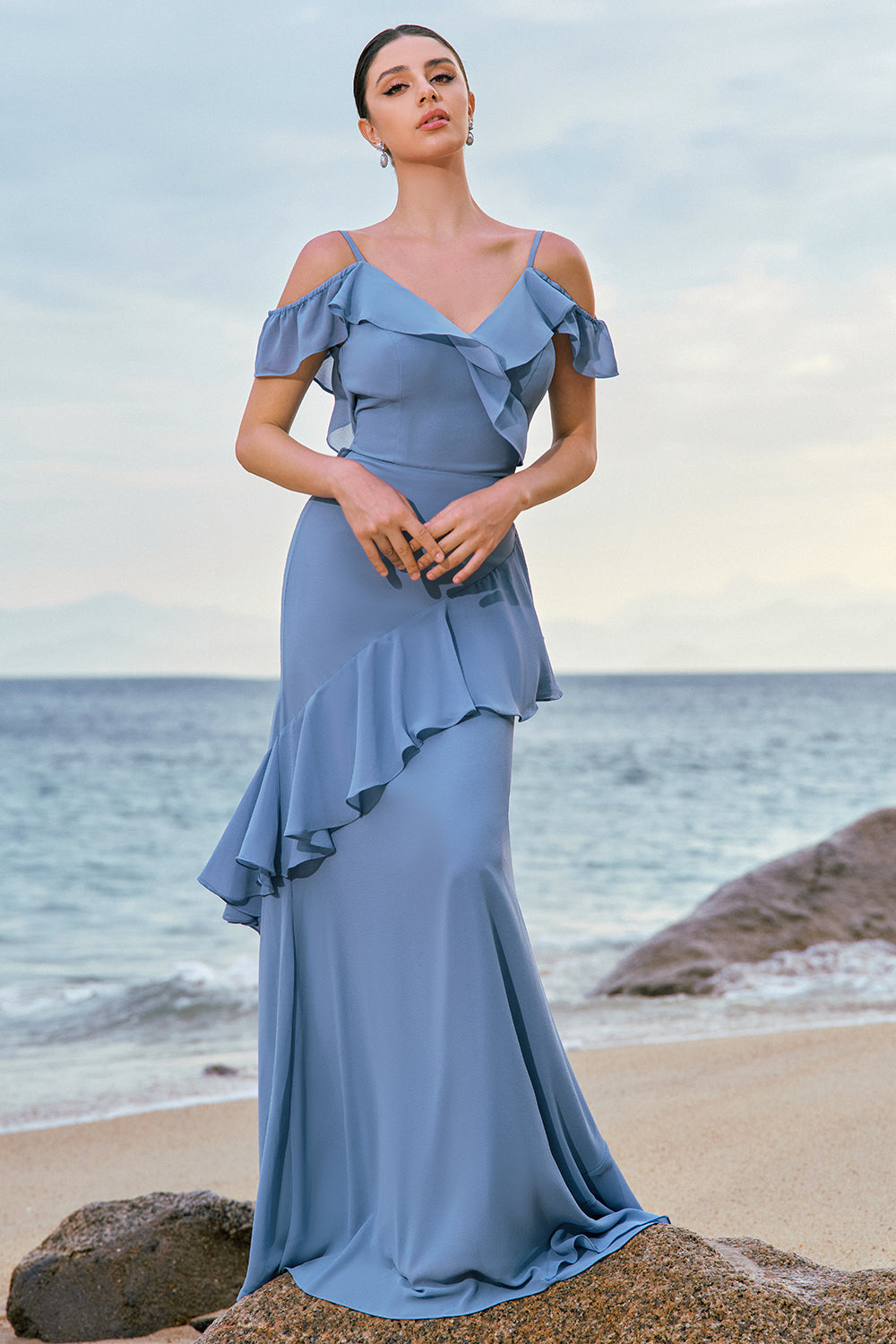 Grey Blue Cold Shoulder Long Bridesmaid Dress with Ruffles