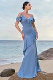 Grey Blue Cold Shoulder Long Bridesmaid Dress with Ruffles