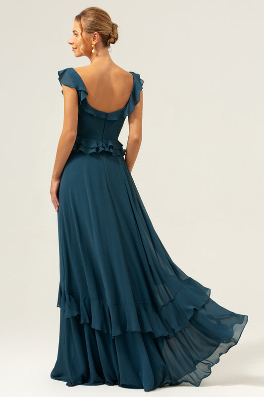 Dark Peacock Green Scoop Neck A-Line Long Bridesmaid Dress